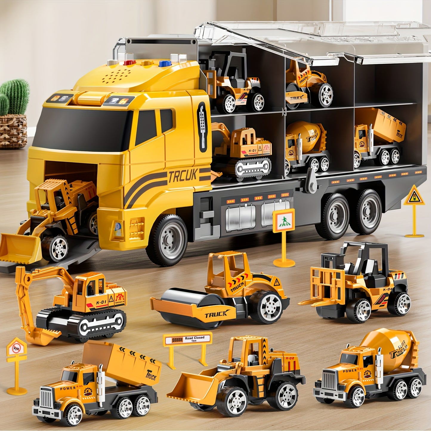 BABY HOME Die-cast 7-in-1 Construction Truck Toy for Aged 3-9 Kid Boys & Girls, Carrier Vehicle Toy Set with Play Mat,Christmas Birthday Gift