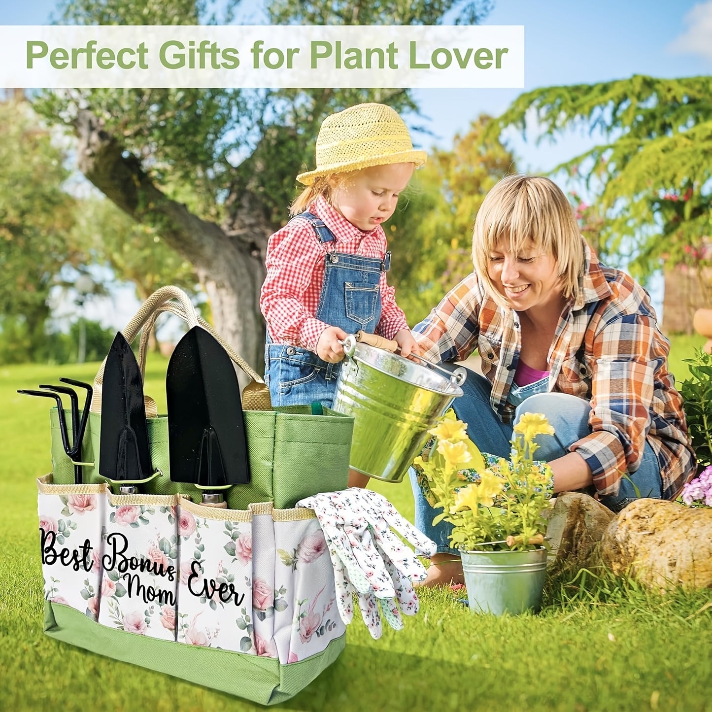 Bonus Mom Gifts: All-Season Gardening Set with Durable Metal Tools & Organizer Tote - Floral Gardening Tools Suitable for Women, Plant Lover Birthday/Christmas Present from Bonus Daughter, Gardening Enthusiast Gift