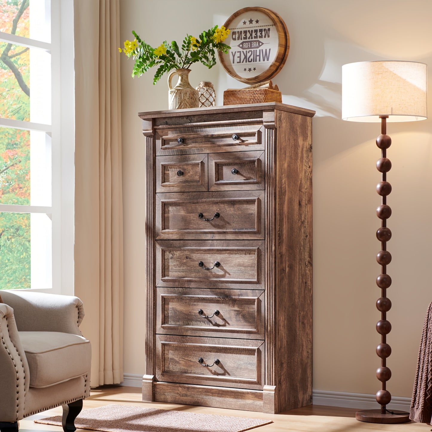 57" Tall Farmhouse Dresser with 7 Drawers, Wooden Storage Chest Featuring Roman Columns for Bedroom Or Hallway | Wooden Decoration