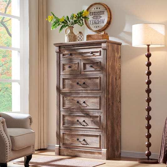 57" Tall Farmhouse Dresser with 7 Drawers, Wooden Storage Chest Featuring Roman Columns for Bedroom Or Hallway | Wooden Decoration