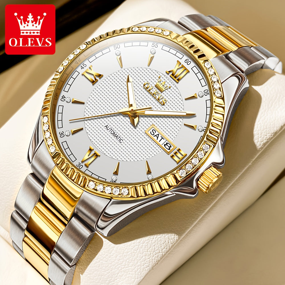 OLEVS Luxury Men'S Automatic Mechanical Watch with Luminous Hands & Dual Calendar - Stainless Steel Business Chronograph, Golden-Tone Dial, High Quality (1181.1inch) - Self-Winding Movement, No Battery/Easy Maintenance, Elega
