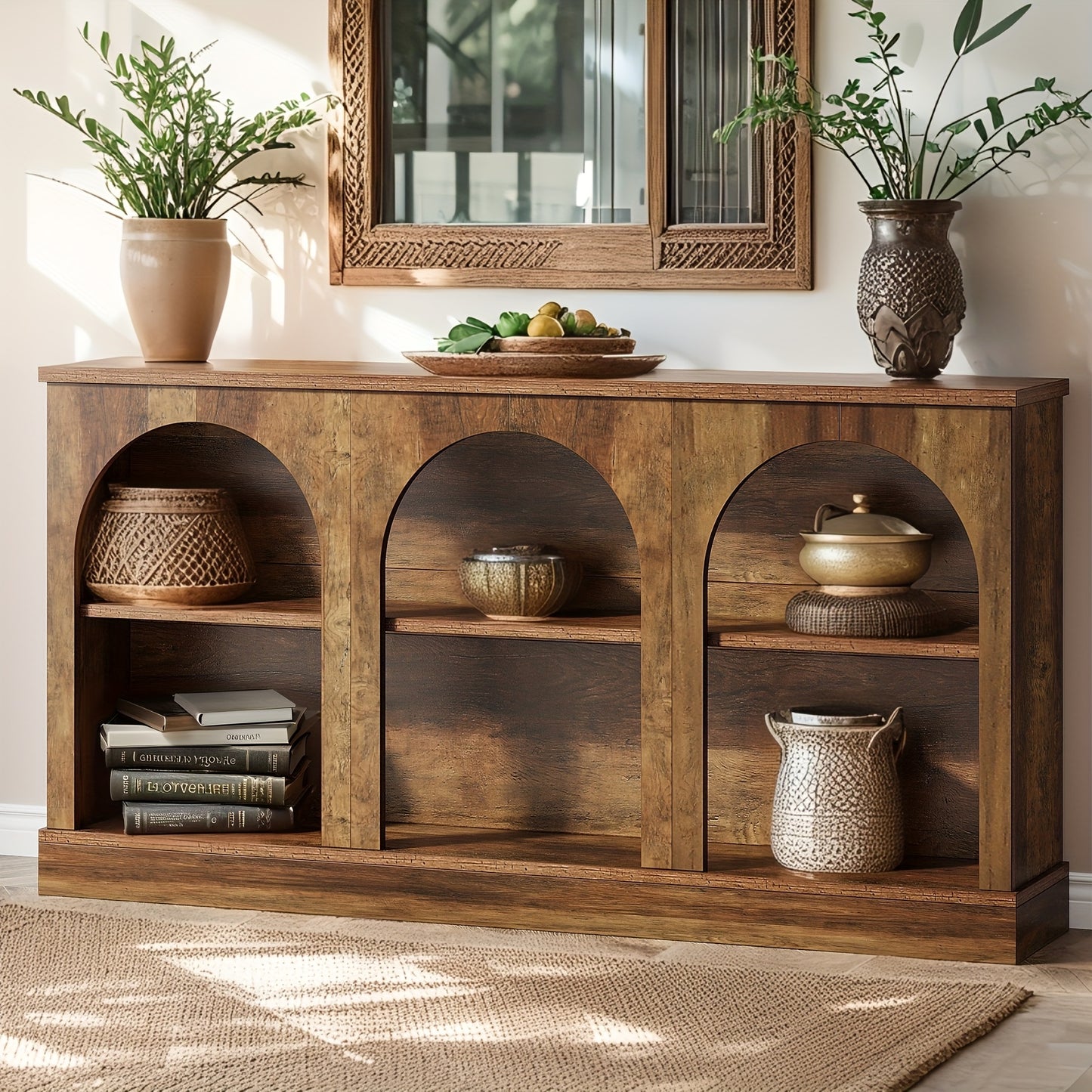 62.99" Modern Farmhouse & Industrial Console Table - -Long Sofa Table Behind Couch, Stain-Resistant Engineered Wood TV Stand with Storage Shelf, Entryway Hall Table Suitable for, Farmhouse, Apartment - Assembly, Wood Frame