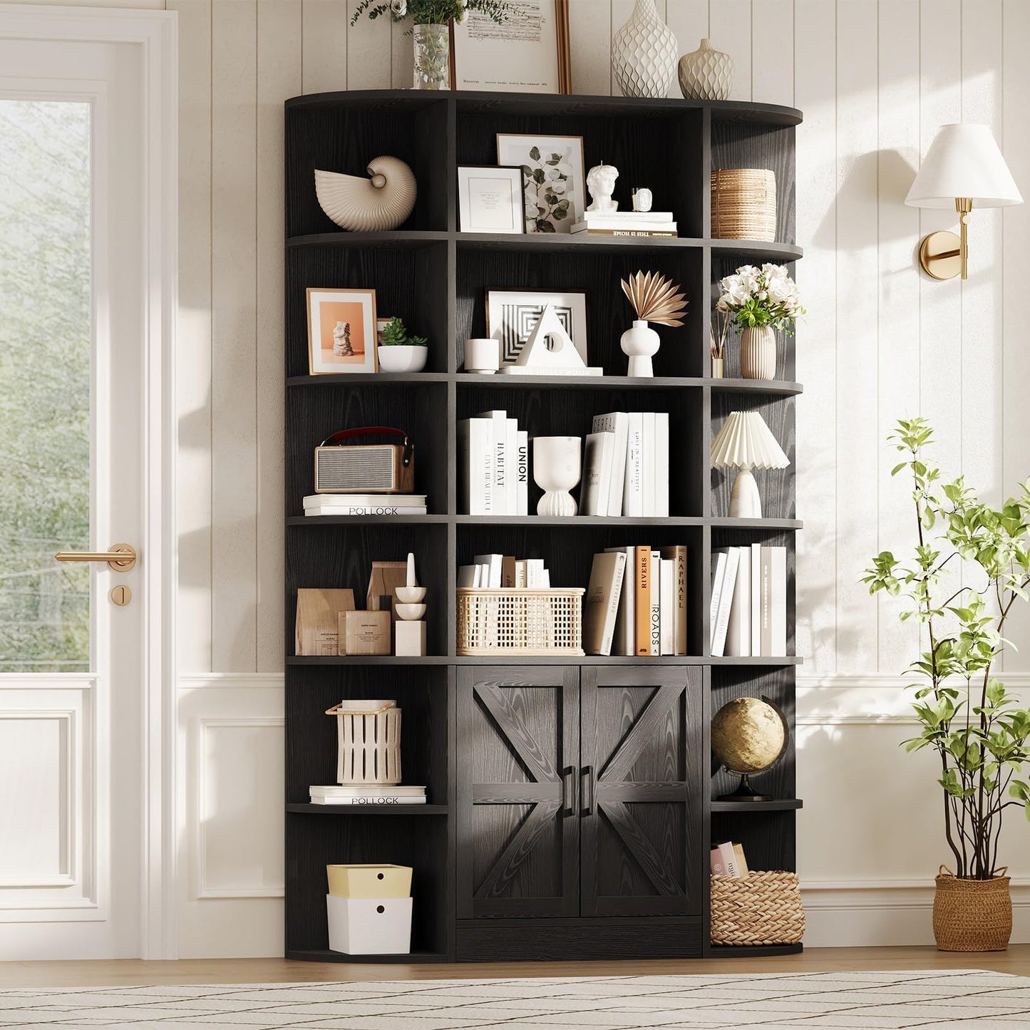 FurniStyle 75-inch Tall Grey 6-Tier Bookcase with Black Accents | Adjustable Shelves, Doors, Anti-Tip Hardware, Freestanding Hardwood Construction for Living Room, Office, or Bedroom Storage