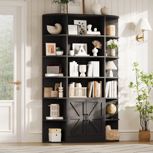 FurniStyle 75-inch Tall Grey 6-Tier Bookcase with Black Accents | Adjustable Shelves, Doors, Anti-Tip Hardware, Freestanding Hardwood Construction for Living Room, Office, or Bedroom Storage