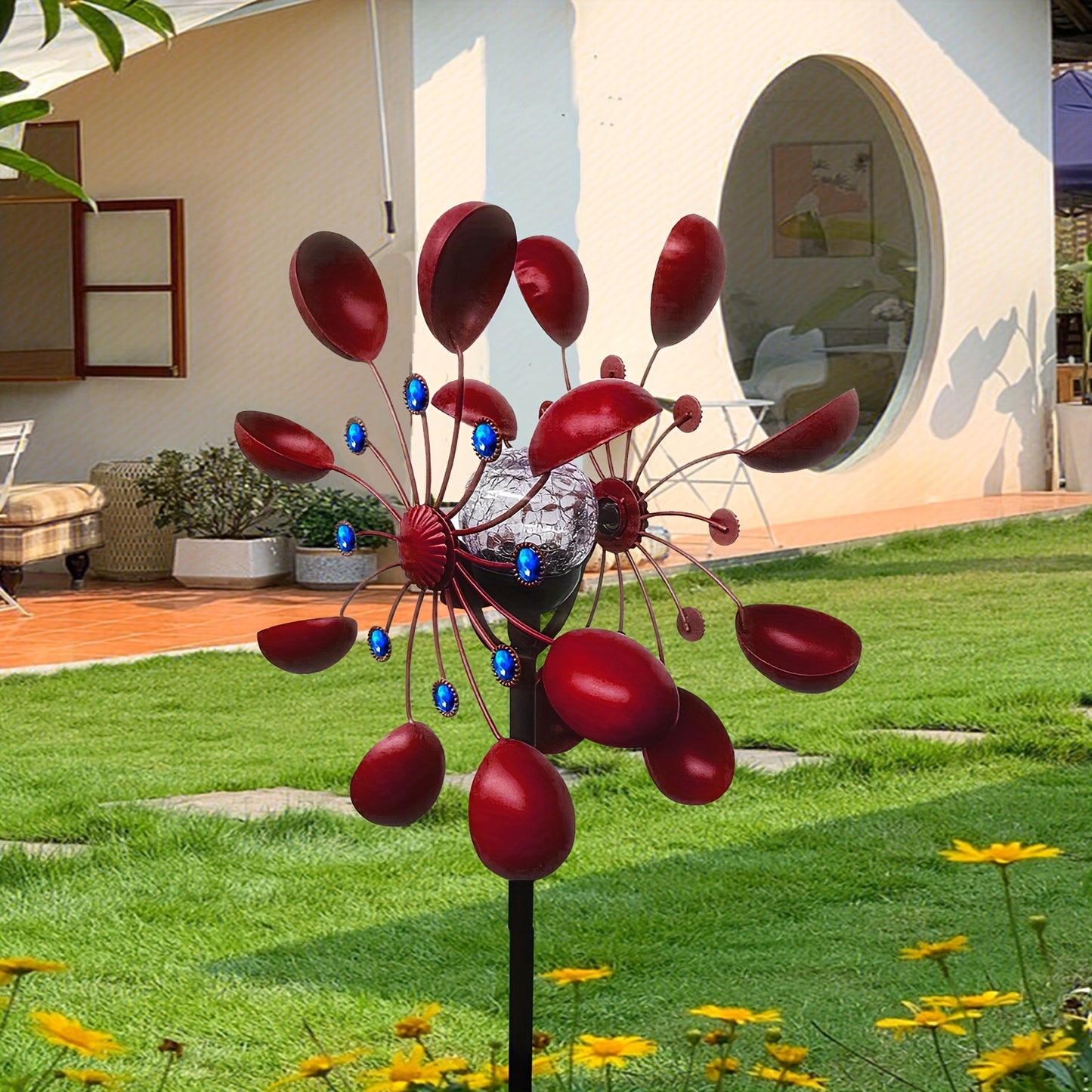 1pc Wind Spinner Outdoor with LED Glass Ball & Kinetic Wind Spinner - Dual-Direction Rotating Metal Wind Turbine Suitable for Patio, Lawn, Garden, Weddings - LED Lighting, Wedding & Landscape Decor