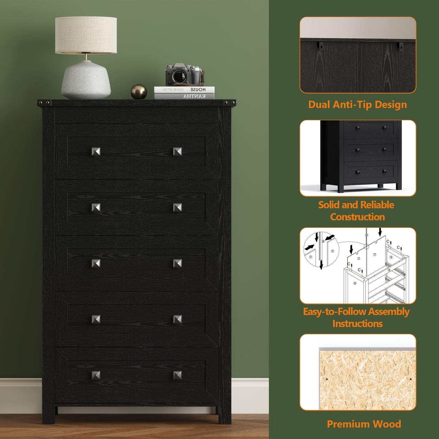 Dresser for Bedroom, Vertical 5 Drawer Dresser, Tall Wood Dresser Storage Organizer, Modern Narrow Slim Nightstand Bedside Table of Drawers for Hallway, Living Room, Dorm, Entryway
