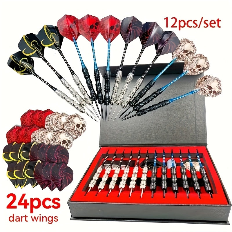 12 Darts Deluxe Gift Box with 24 Dart Wings, Iron Tip with Aluminum Alloy Shaft, Skull Dart Wings, Suitable for Indoor Club Entertainment, Sports Competitions And Casual Outdoor Games Darts Metal Tip Pop Darts Graduation Gift