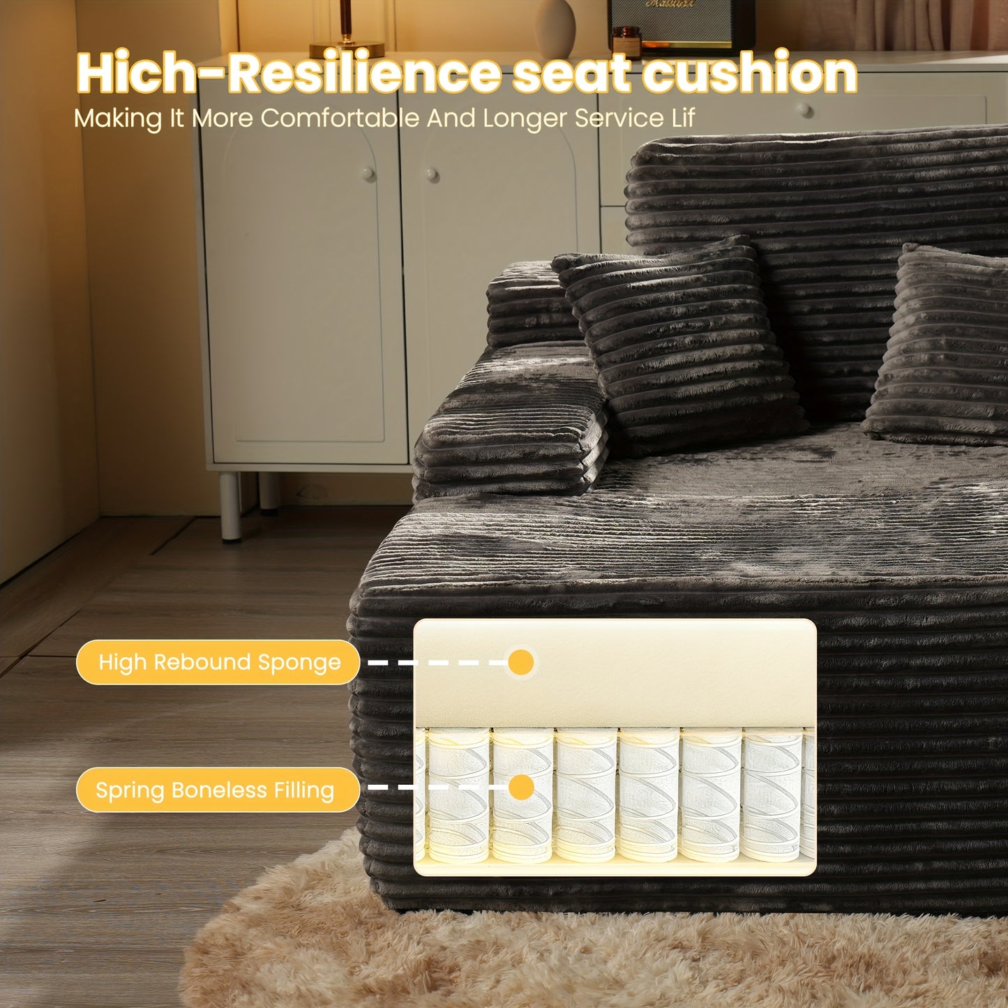 67" Oversized Boneless Lounge Chaise - Corduroy/Plush Fabric/Teddy Fleece Floor Couch with Pillows And Armrests | Deep Seat Single Sofa Bed with High Density Sponge Cushion | U Sleeper Couch for Living Room, Apartment, Bedroo