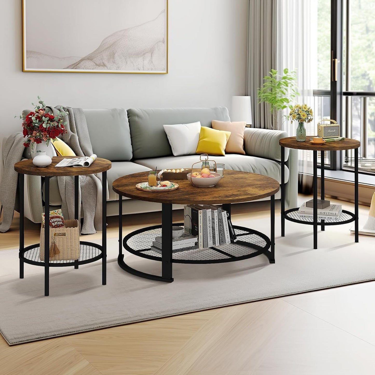 3-Piece Coffee Table Set – Rustic Brown Center Table & 2 End Tables, Modern Living Room Furniture for Small Space or Apartment