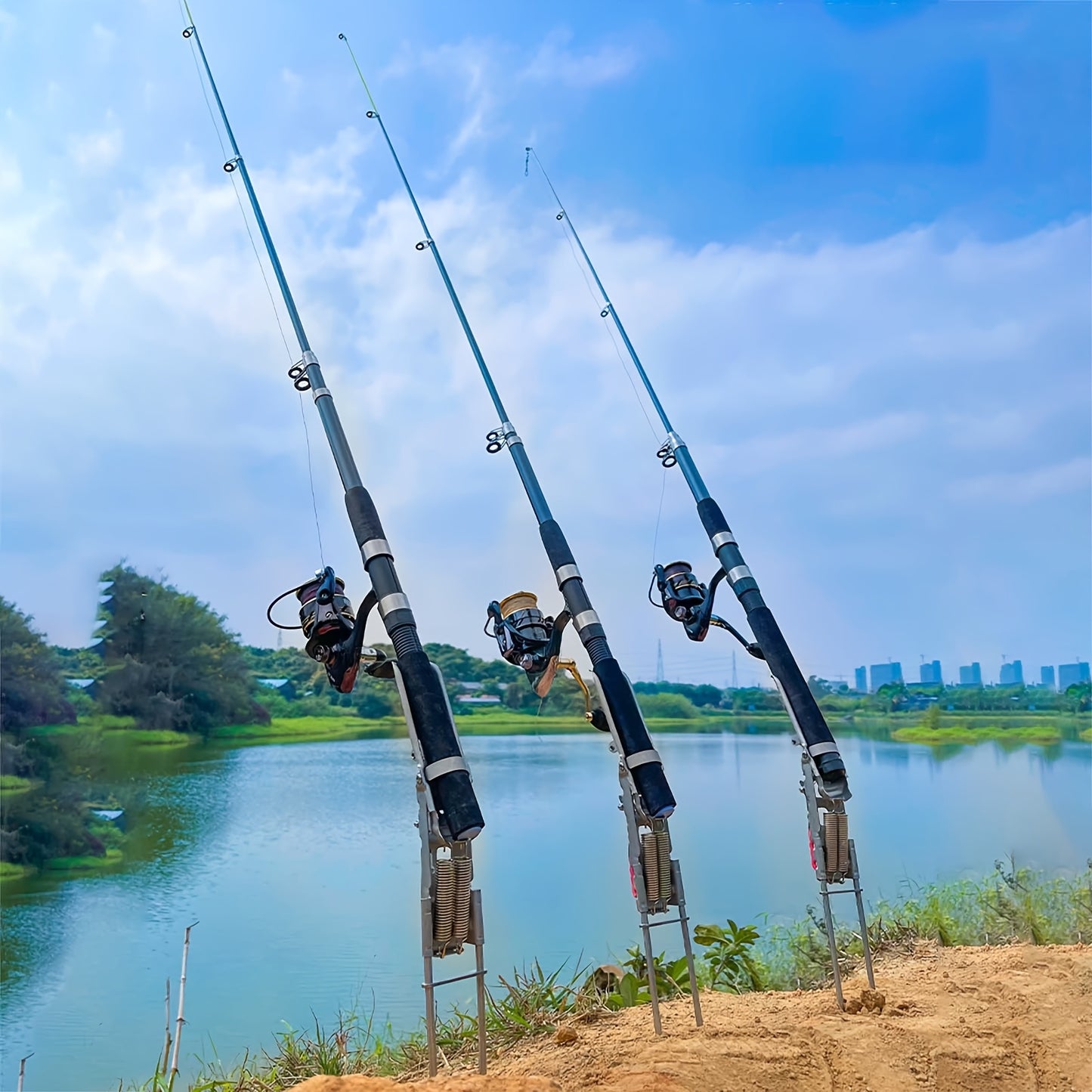 Set of 3 Automatic Spring Fishing Rod Holders Made of Stainless Steel, Featuring Double Springs And a Foldable Design for Ground Support