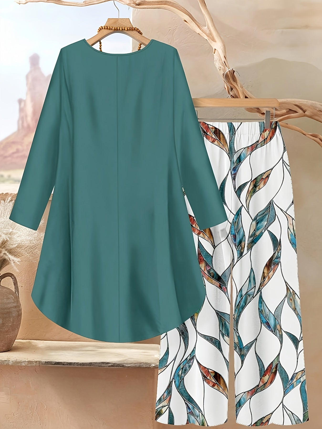 Women'S 2pcs Set - Elegant Leaf Print Long-Sleeve Top & Pants, Loose Fit, All-Season Comfort, Casual Style, Perfect for Fall & Winter, Casual Wear|Elegant Casualwear|Comfortable Fit, Ladies Pants