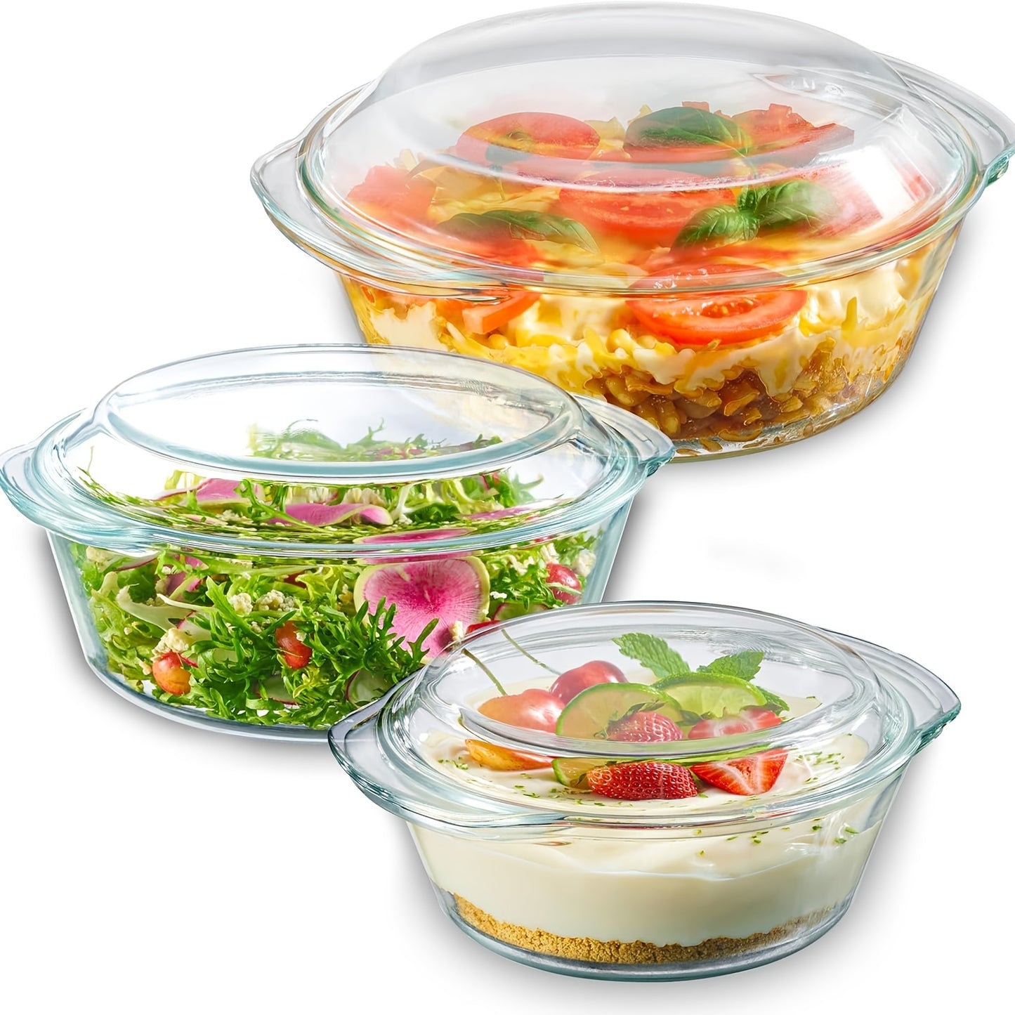 6- Glass Tureen Dishes for Oven- Durable Borosilicate Glass Bakeware Set with Lids, Microwave Safe, Versatile Round Covered Baking Dishes. Clear Casserole Cookware., Oven Safe Dishes, Kitchen Cookware, Modern Bakeware, Stylis