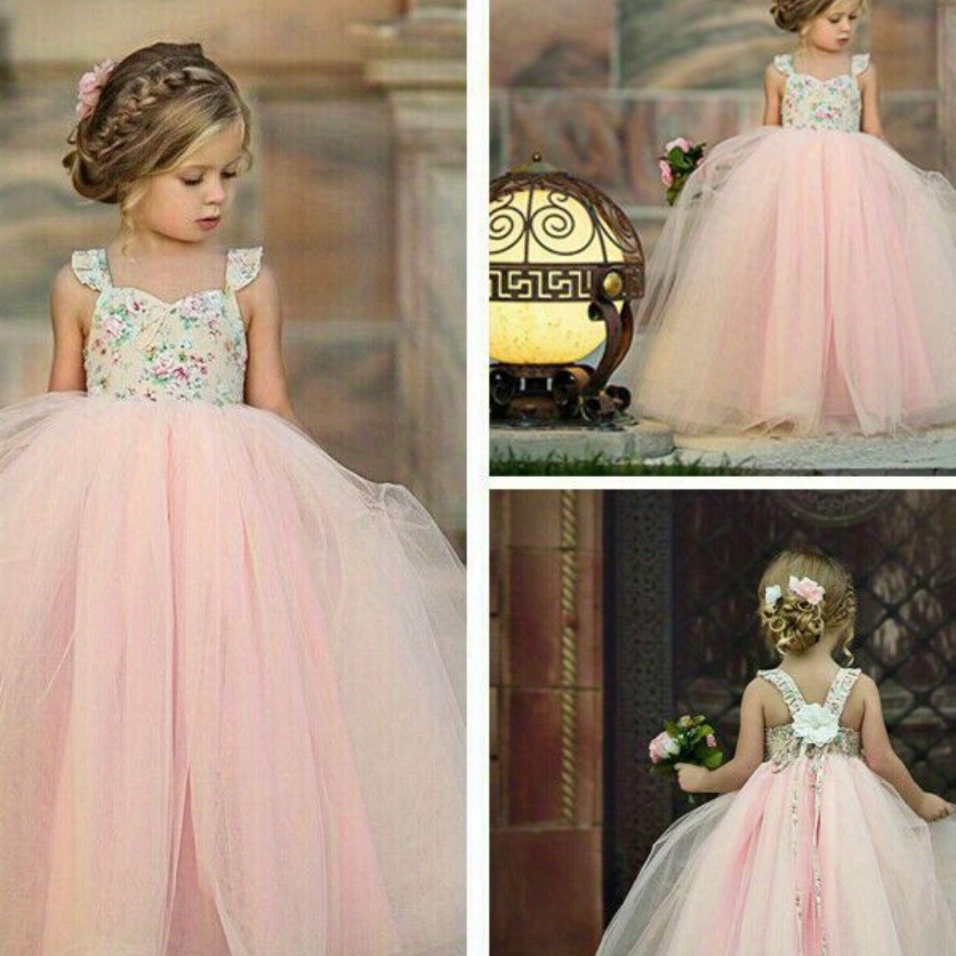 Girls' Sleeveless Tutu Princess Dress with Floral Print & Faux Drawstring Waist - Soft Pink Tulle Wedding Bridesmaid Party Pageant Dress for Spring/Summer, Wedding Dresses for Bride