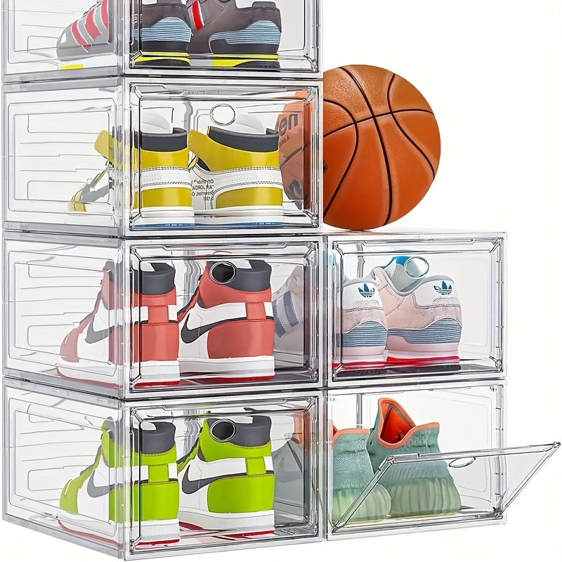 Thicken & Sturdy Clear Shoe Storage Organizer with Magnetic Door, Stackable Boxes for Closet, Foldable Space-Saving Shoe Rack for Sneaker Boot Container, Plastic Shoe Cabinet Shoe Box 6pcs, Shoe Storage Boxes, Portable Shoe R