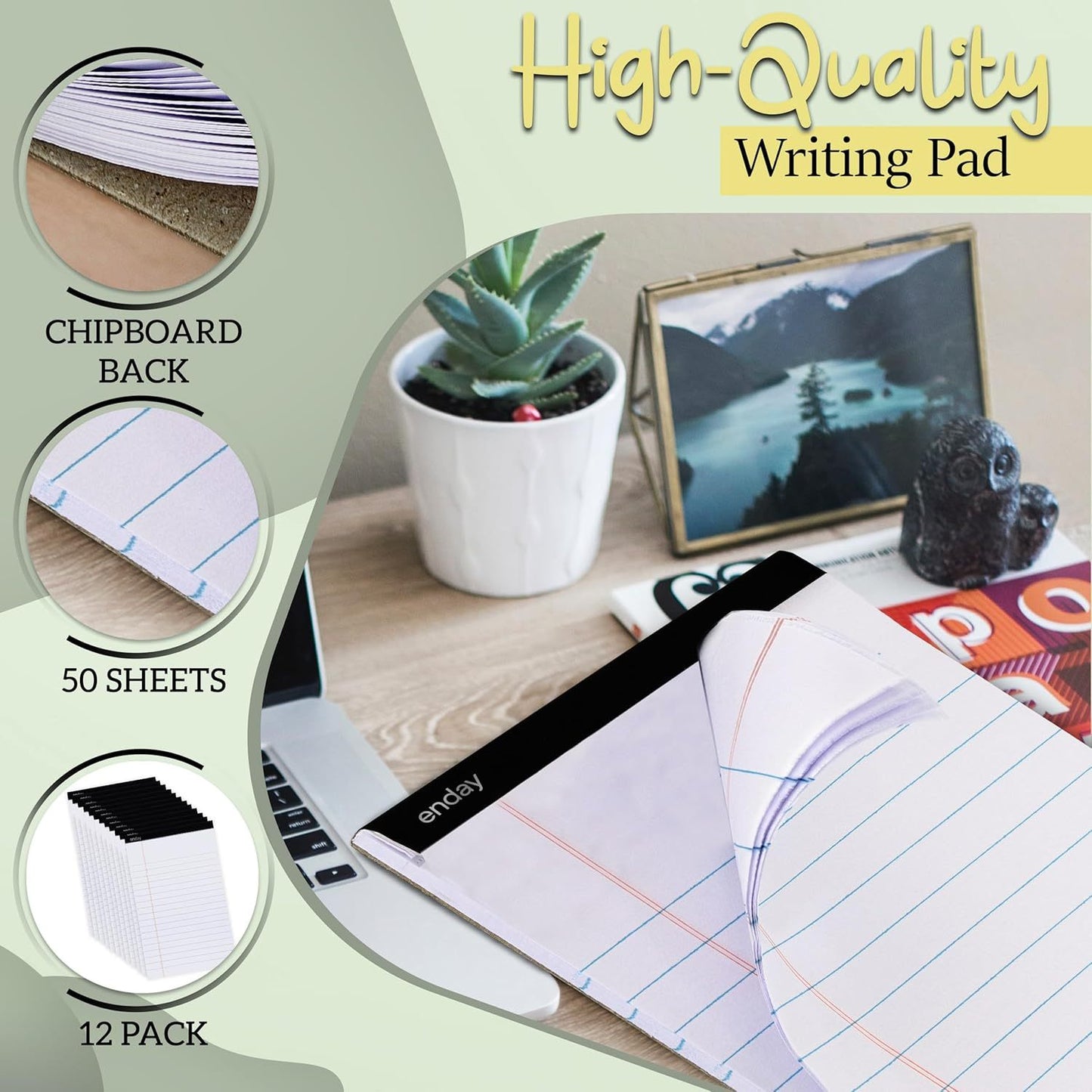 Enday Legal Pads 8.5 x 11 Inch, (12 Pack) 50 Sheets per Notepad, Note Pads, Legal Ruled Writing Pad with Perforated Pages, White Paper Legal Pad for Work and Note-Taking.
