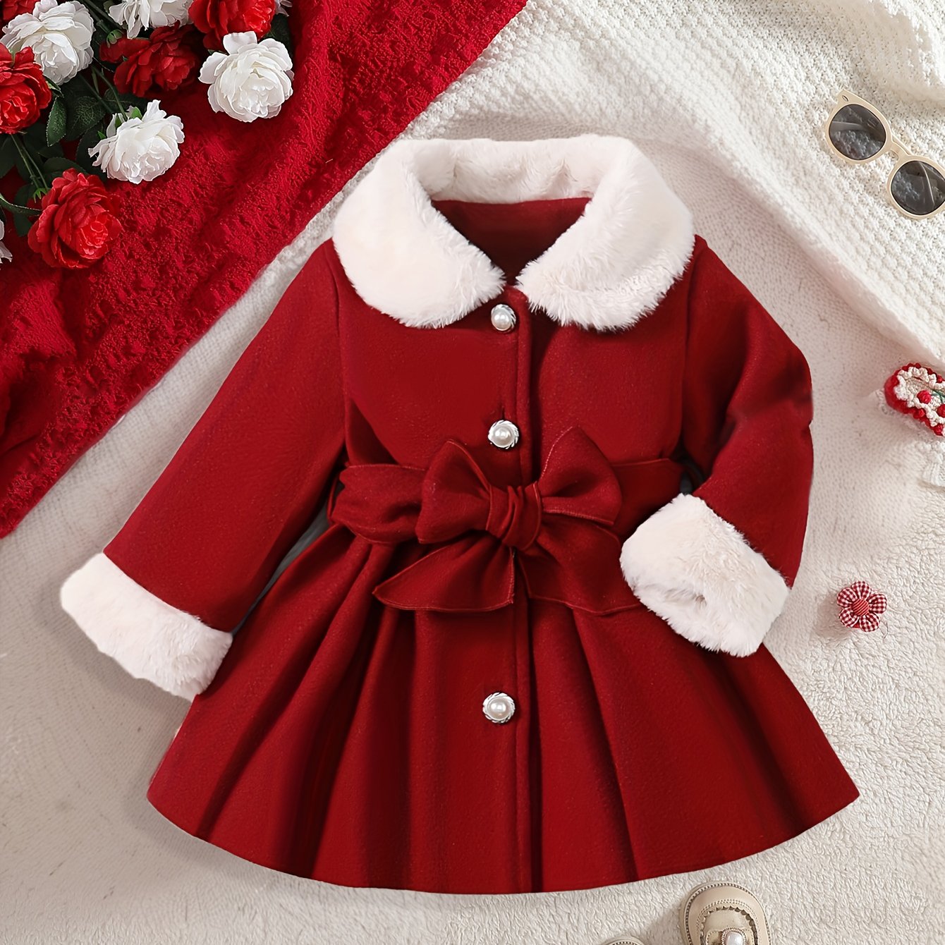 Baby Girl Winter Fleece Jacket & Coat with Plush Bow Lapel Collar - Soft Warm Red Snowsuit, Versatile Casual Outfit for School Season, Cute Small Gift for Infants