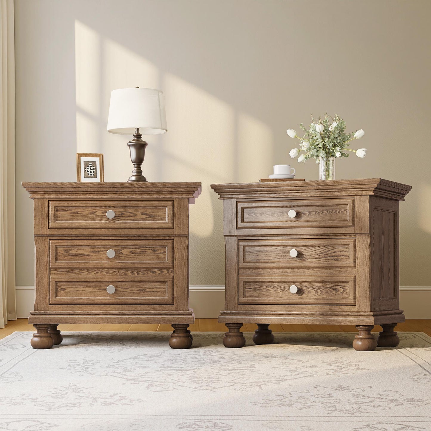 Fully Assembled Solid Wood & MDF Nightstand with 2-Drawer Bedside Cabinet - Extra Large Traditional End Table, Wood Bedside Table, Easy Assembly for Bedroom Storage (Space-Saving Design under 27")