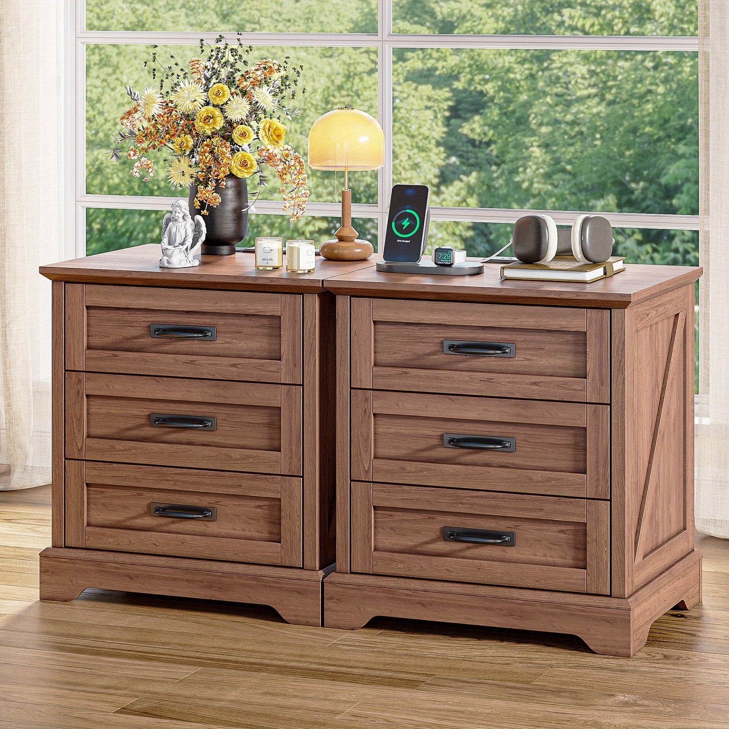Farmhouse Night Stand Set Of 2 with 3 Drawers, End Table with Charging Station, Wood Rustic Side Table for Bedroom, Living Room White/Cherry/Grey