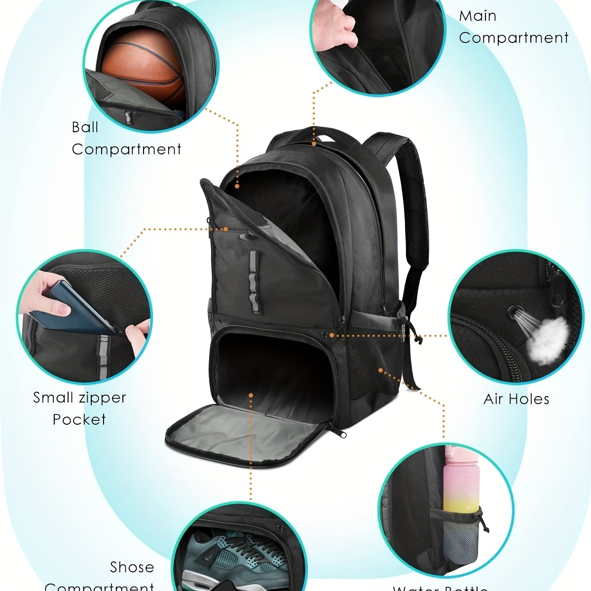 Large Basketball Backpack with Shoe & Ball Compartment - Heavy-Duty Sports Bag with Padded Back Panel, Shoe Storage Organizer & Ball Pocket for Basketball, Soccer, Volleyball Gear - Durable Athletic Backpack for Team Travel,