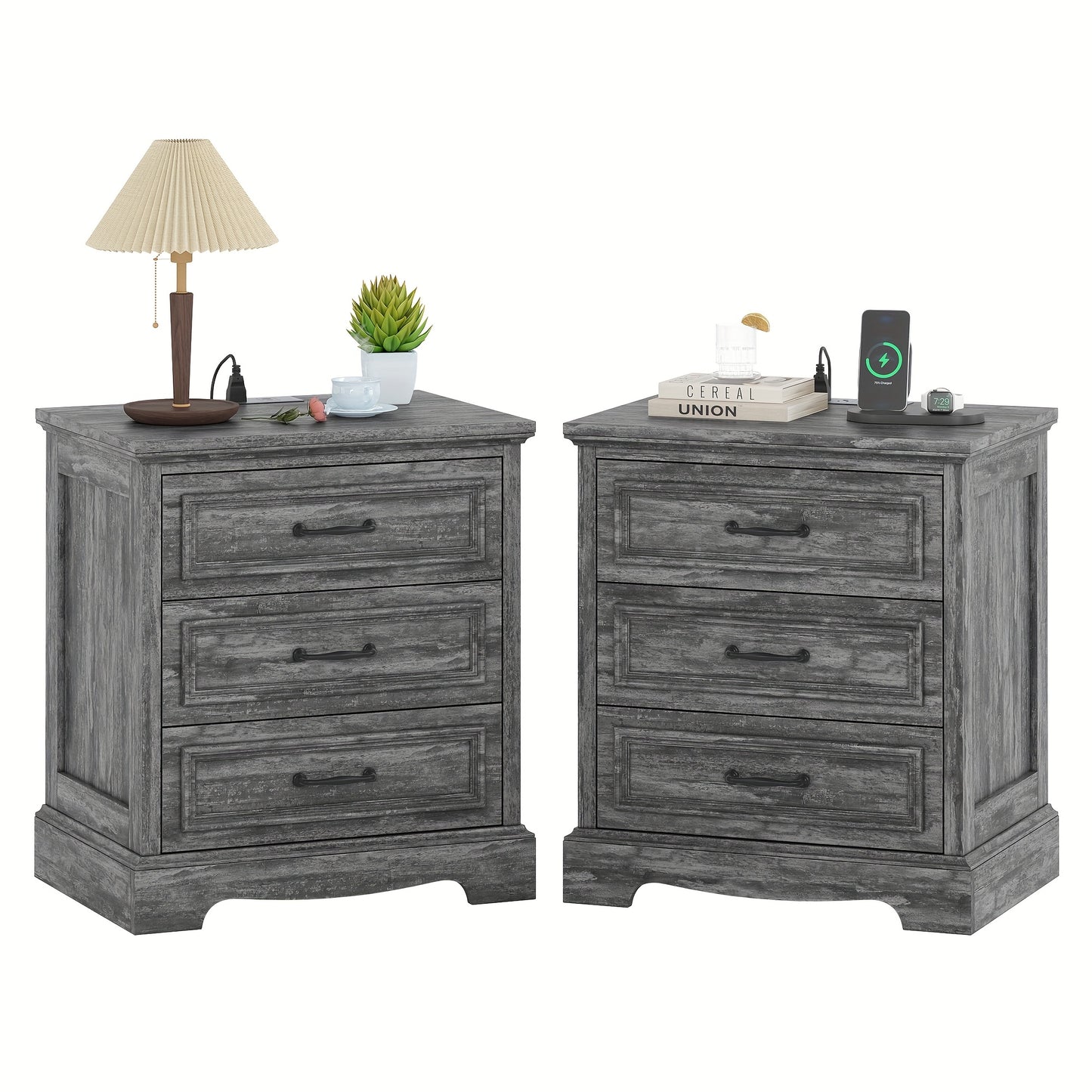 Farmhouse Nightstand Set Of 2, Wood Night Stand With 3 Drawers And Charging Station