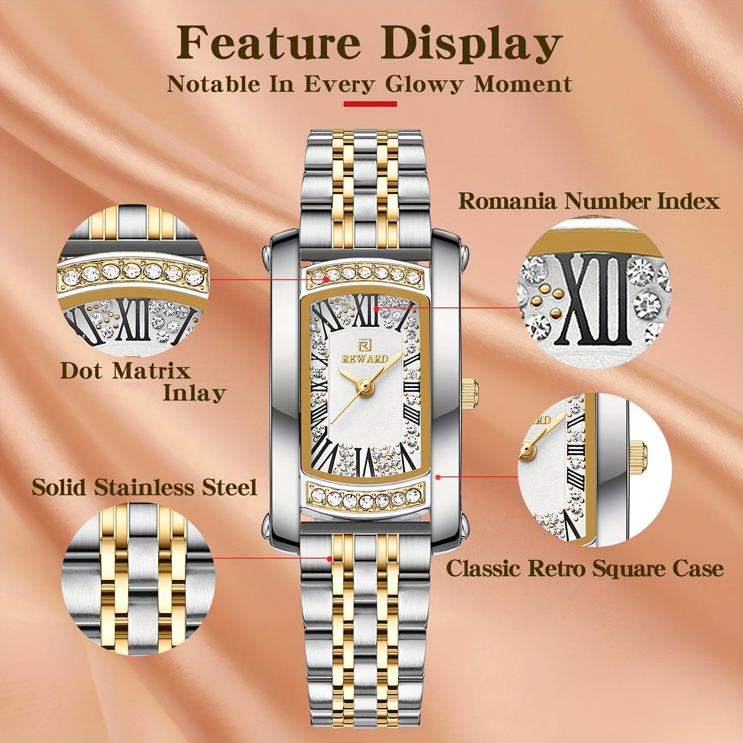 REWARD Women'S Quartz Watch - Japanese Movement, Stainless Steel Band, Glitter Accents, Tonneau Case, Digital Display, Scratch-Resistant Mineral Glass, Elegant Casual Style Wristwatch