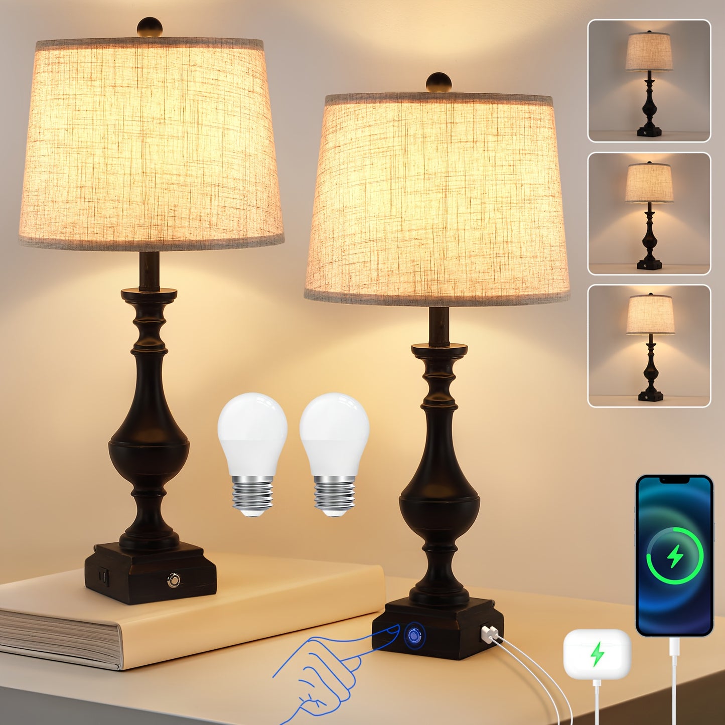 2 Set 3-Way Touch Dimmable Table Lamps for Living Room End Tables, 27.5" Tall Rustic Bedroom Lamp for Nightstand, Dual USB Charging Ports, Black Golden Resin Base with Linen Shade, Classic Candelabra, Farmhouse Bedside Lamp (