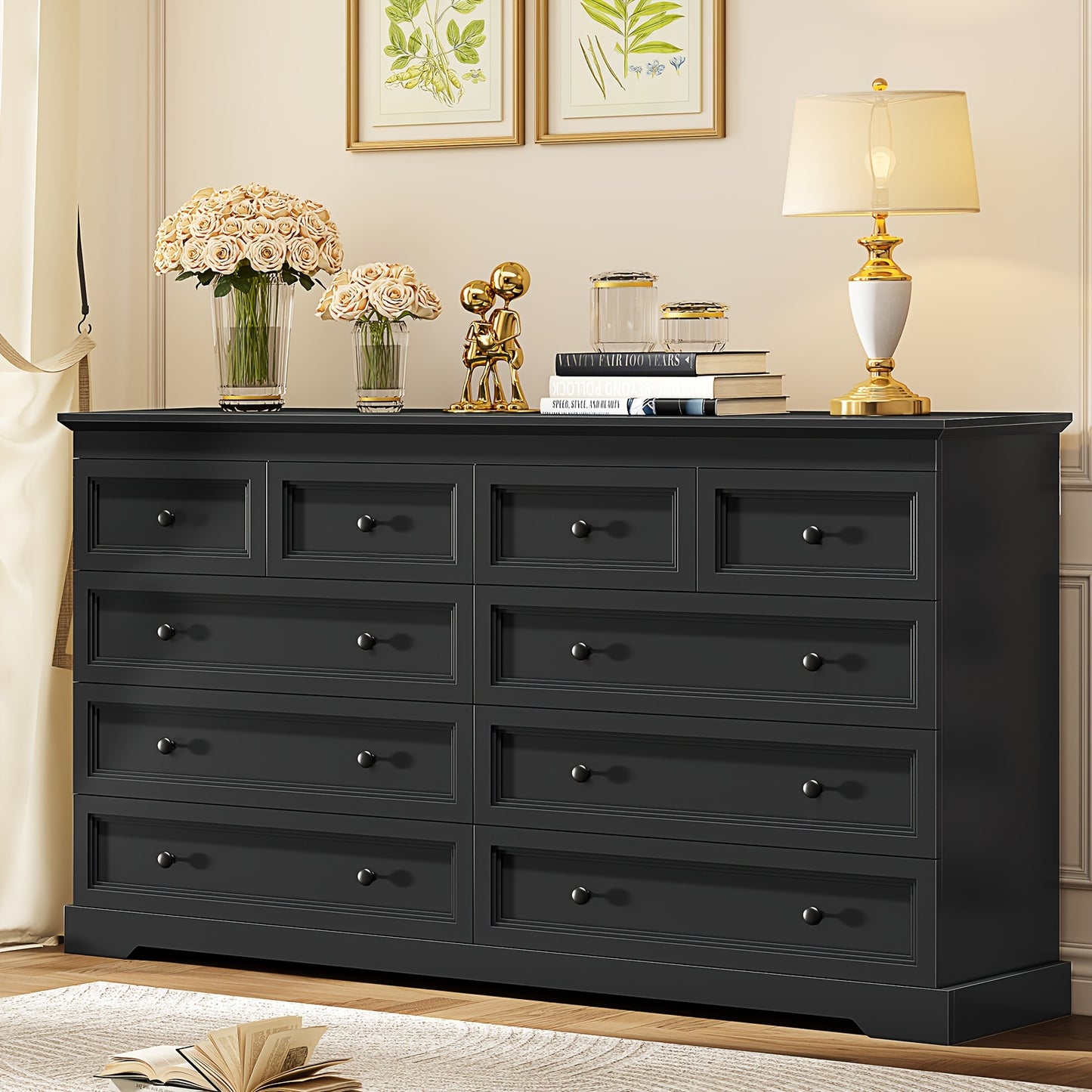 55" Wide 10-Drawer Metal Dresser - Modern White & Black Chest of Drawers, Freestanding Storage Cabinet for Bedroom, Living Room, Entryway, Easy Assembly, Compact Design Under 27" Height
