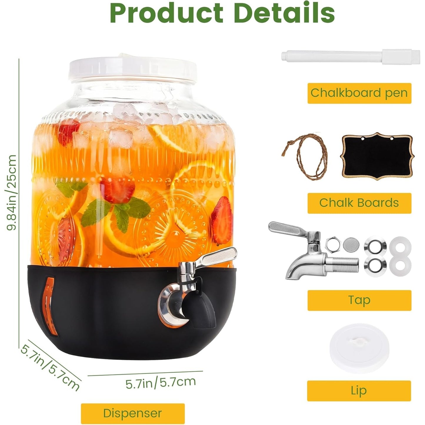 1 Gallon Glass Drink Dispensers For Parties, Leakproof/Crack-resistant Beverage Dispenser with Silicone Protective Case for Iced lemonade,Juice, Sun Tea Jar, Water, Stainless Steel Spigot