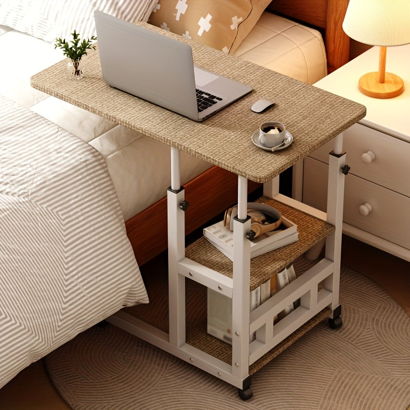 Height Adjustable Rolling Table with Storage Shelves - Heavy-Duty Wood/Metal Construction, Modern Mobile Desk with Casters, Space-Saving Design for Home Office, Bedside, Laptop Workstation & Small Spaces - Easy Assembly, Engi