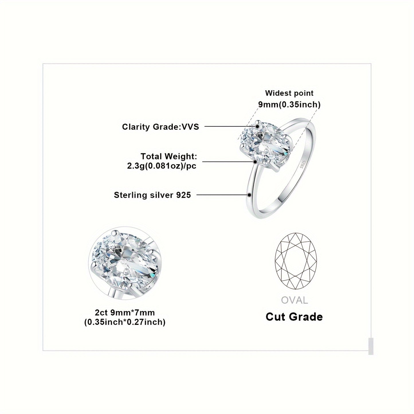 1pc Moissanite 1ct&2ct 925 Sterling Silver Elegant And Luxury Exquisite Oval Cut Synthetic Moissanite Wedding Engagement Solitaire Ring for Woman for Girl for Dating Gift for Daily Decoration Fine Jewelry