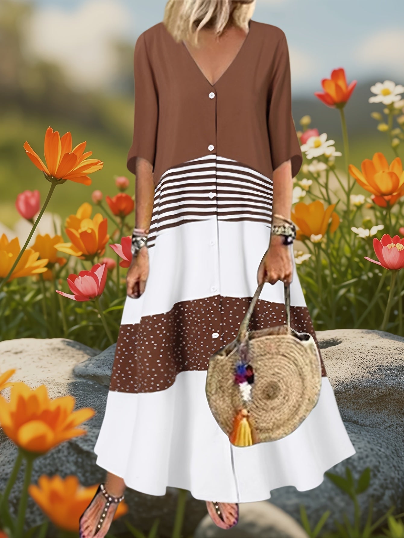 Plus Size, Oversized Women's V-neck Short Sleeved Printed Dress, Button Casual Contrasting Mid Length Skirt