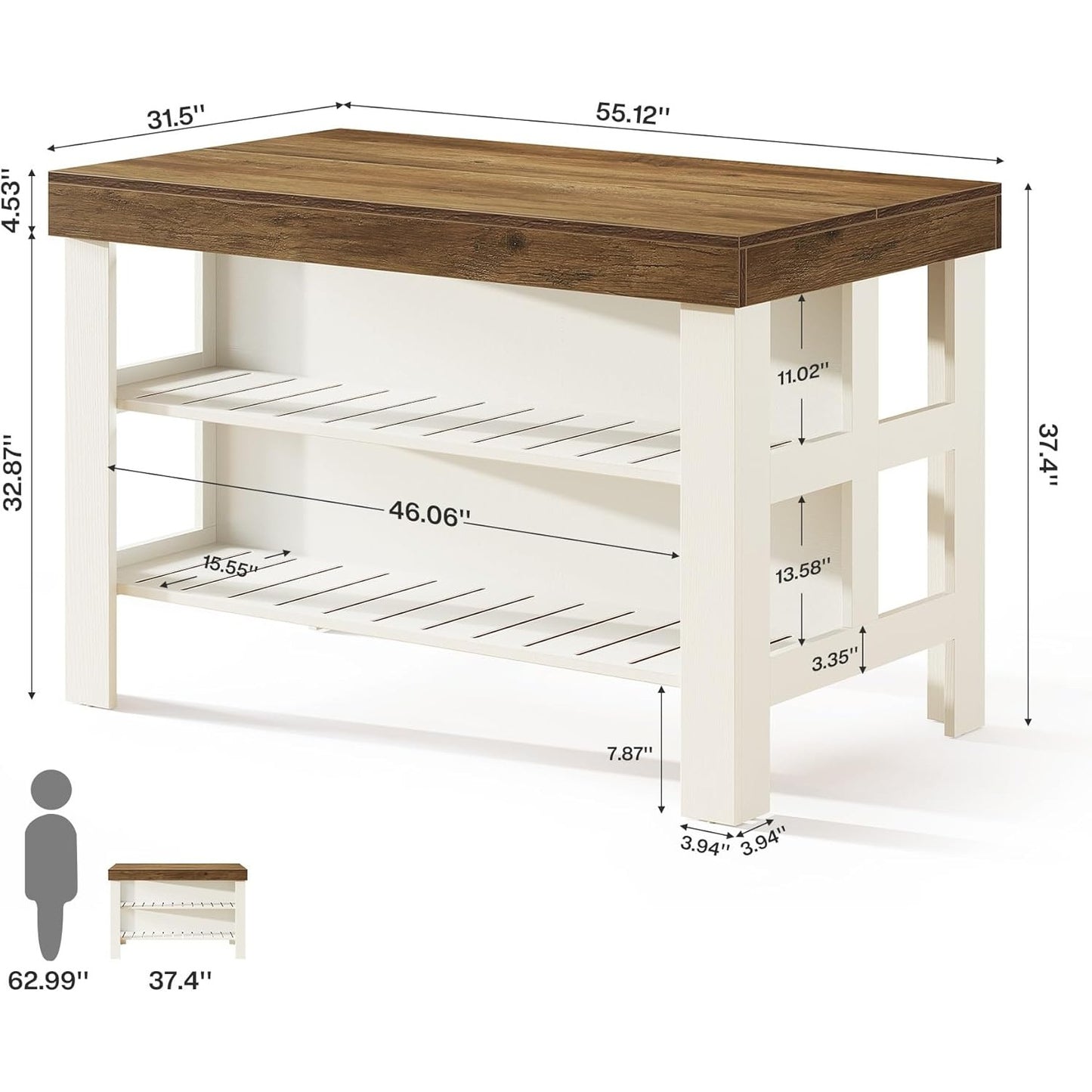 Modern Farmhouse Kitchen Island with Seating & Breakfast Counter - 55.1-Inch & Engineered Wood Island Table Suitable for Kitchen Dining Room, Open Shelving, Counter-Height Table, Space-Saving