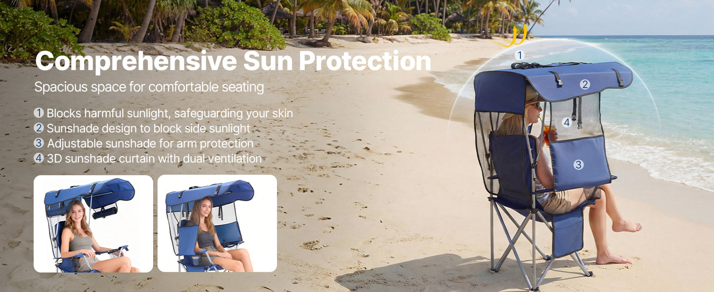 SucceBuy 330lbs Camping Chair with Canopy Shade Magazine Pocket 2 Cup Holders Carry Bags for Outdoor Fishing Tailgates Deep Blue