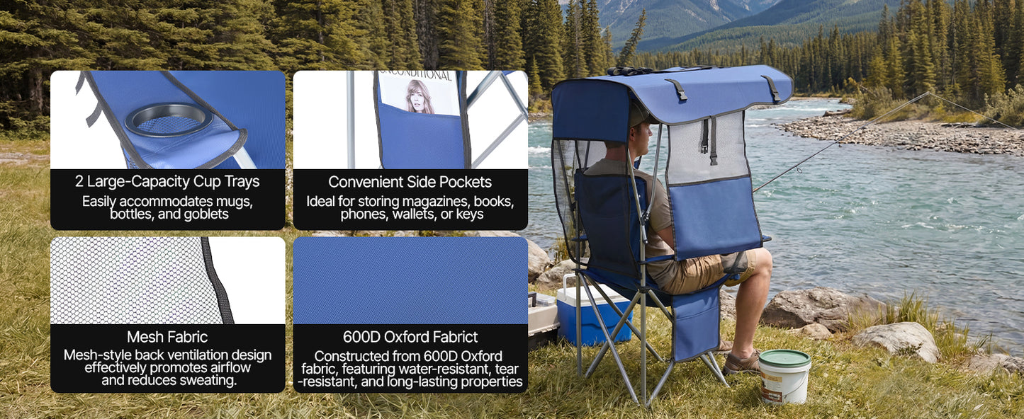SucceBuy 330lbs Camping Chair with Canopy Shade Magazine Pocket 2 Cup Holders Carry Bags for Outdoor Fishing Tailgates Deep Blue