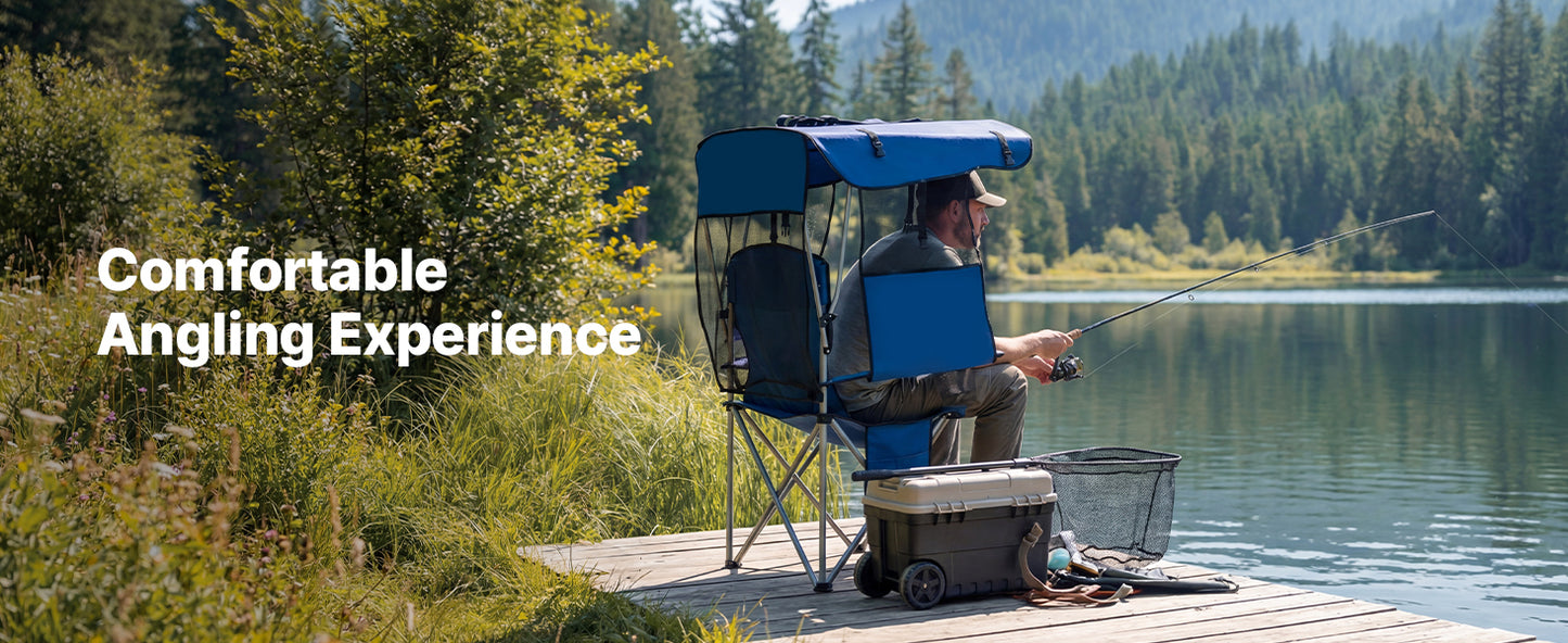 SucceBuy 330lbs Camping Chair with Canopy Shade Magazine Pocket 2 Cup Holders Carry Bags for Outdoor Fishing Tailgates Deep Blue