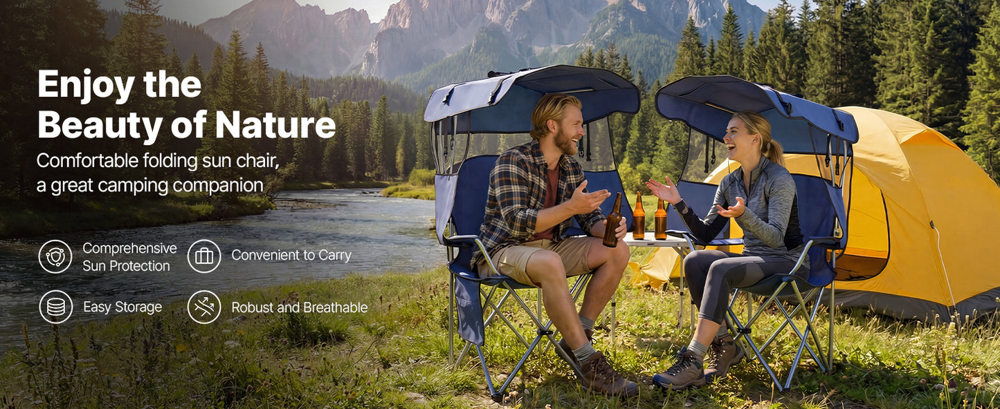 SucceBuy 330lbs Camping Chair with Canopy Shade Magazine Pocket 2 Cup Holders Carry Bags for Outdoor Fishing Tailgates Deep Blue