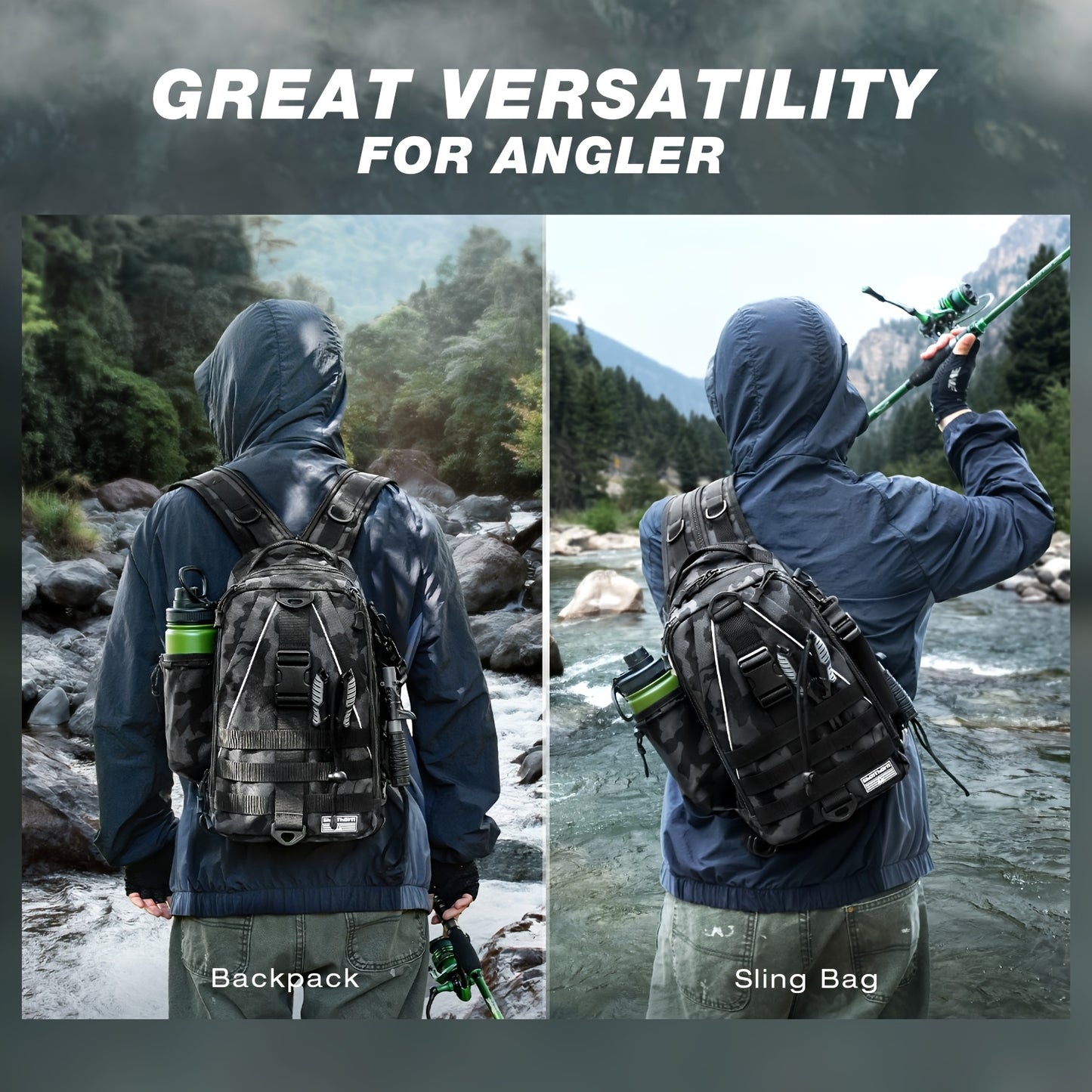 Ghosthorn Fishing Backpack with Tackle Boxes, High Quality Sling Tackle Bag for Fishing Gear with Rod Holder, Gifts for Men, Outdoor Fishing Accessory, Fishing Gear Storage, Sling Pack With Rod Holder, All-In-One Fishing Kit,