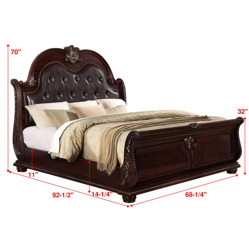 1pc Traditional Style Faux Leather Upholstered Headboard | Button Tufted, Antique Brown End, Formal Queen Sleigh Bed, Vintage Style