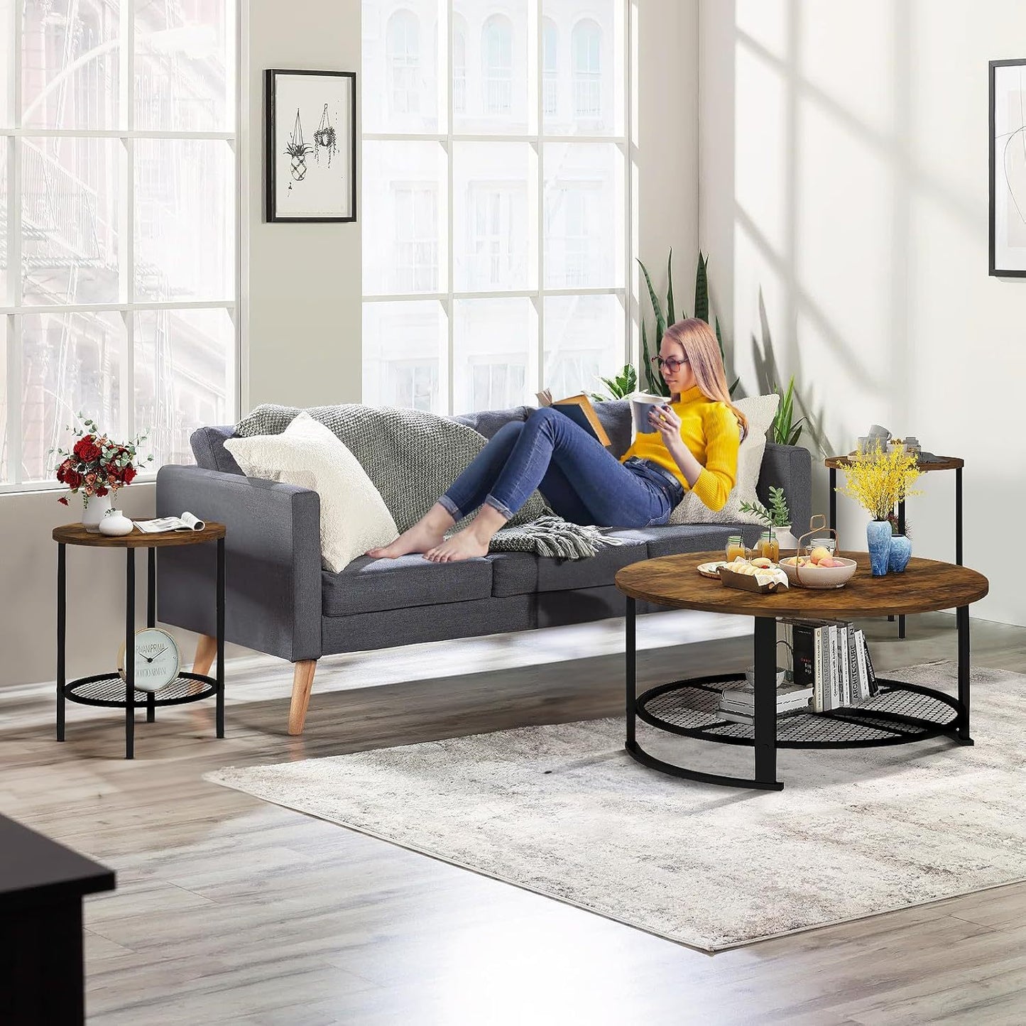 3-Piece Coffee Table Set – Rustic Brown Center Table & 2 End Tables, Modern Living Room Furniture for Small Space or Apartment