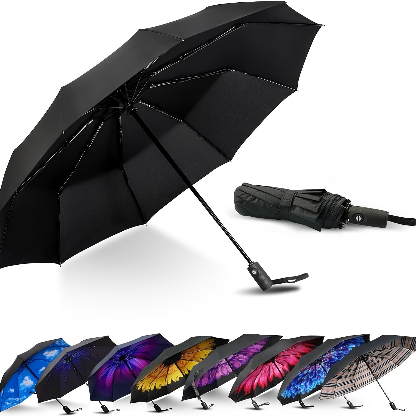 Automatic Open/Close Windproof Compact Travel Umbrella with UPF 50+ Sun/, Lightweight Portable Automatic Umbrella Suitable for All-Season, Shield &, Carry Sleeve, 10 Fiberglass Ribs & 210T Pongee Canopy