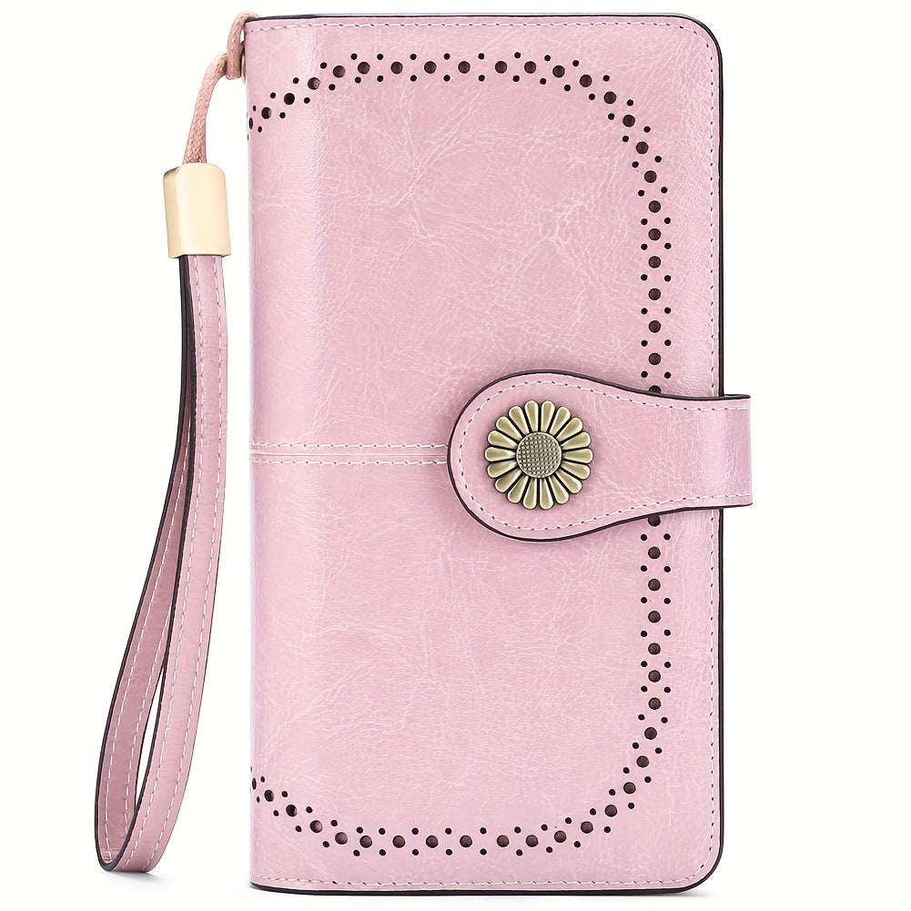 RFID Blocking Women's Genuine Leather Long Wallet with Sunflower Pattern - 24 Card Slots, Phone Pocket, ID Window & Zipper Wristlet, 2 Cash + 4 Receipt Compartments, Gift Box for Daily/Present Use