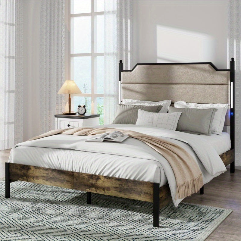 Modern Bed Frame with Built-in LED & Charging Hub, Heavy-Duty Metal Platform Bed with Panel Headboard, Tool-Free Assembly for King/Queen Size Beds, - for Smart Homes (No Wood)
