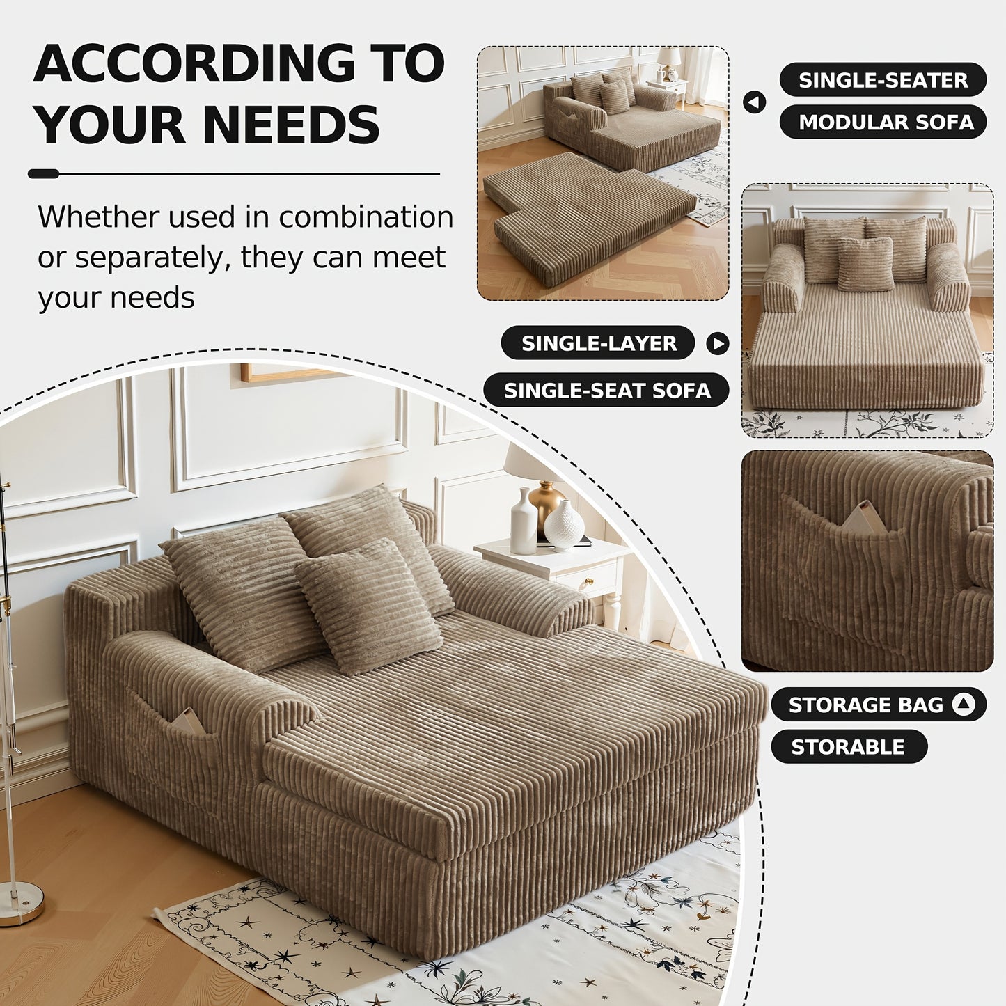 Chaise Lounge Chair Indoor, Corduroy Upholstered Deep Seat Sofa Couch, Cloud-Soft Boneless Lounger, Comfy Reading Chairs For Living Room & Bedroom, No Assembly Required