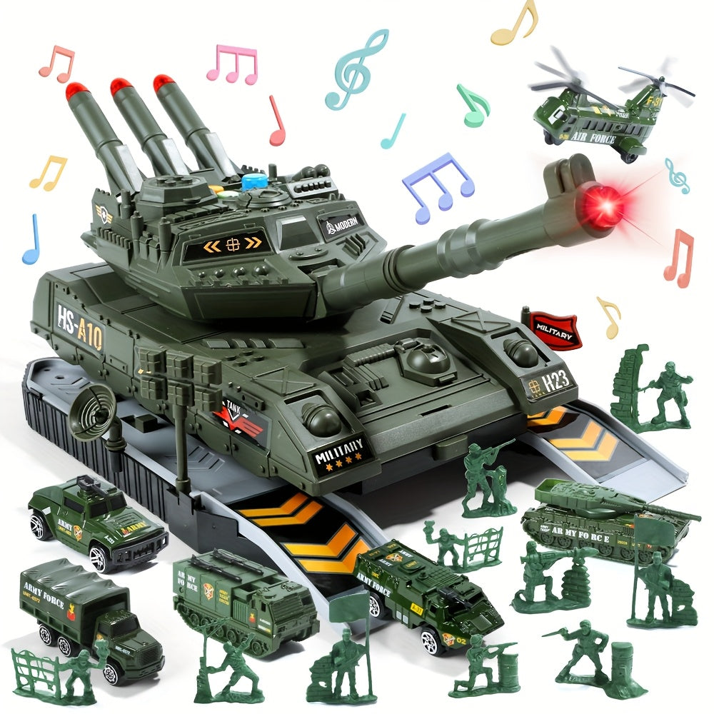 A Military Vehicle Set, Featuring Combat Tank Toys with Realistic Lights And Sounds, Includes 6 Mini Alloy Military Vehicles And Soldier Figurines, Making It a Perfect Gift for Kids.