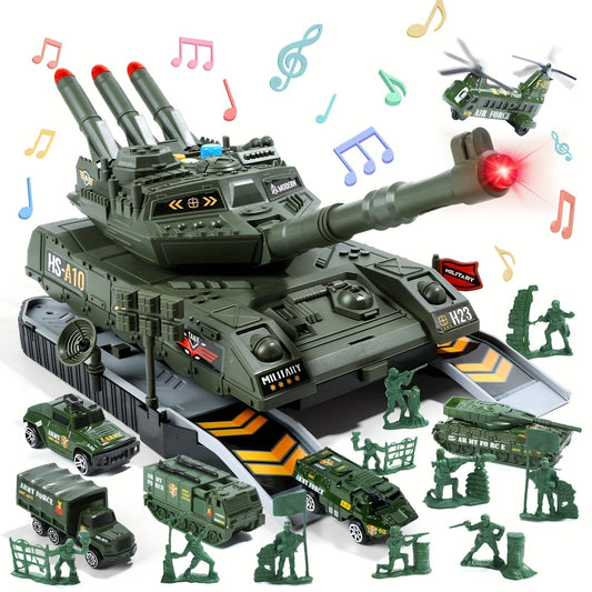 A Military Vehicle Set, Featuring Combat Tank Toys with Realistic Lights And Sounds, Includes 6 Mini Alloy Military Vehicles And Soldier Figurines, Making It a Perfect Gift for Kids.