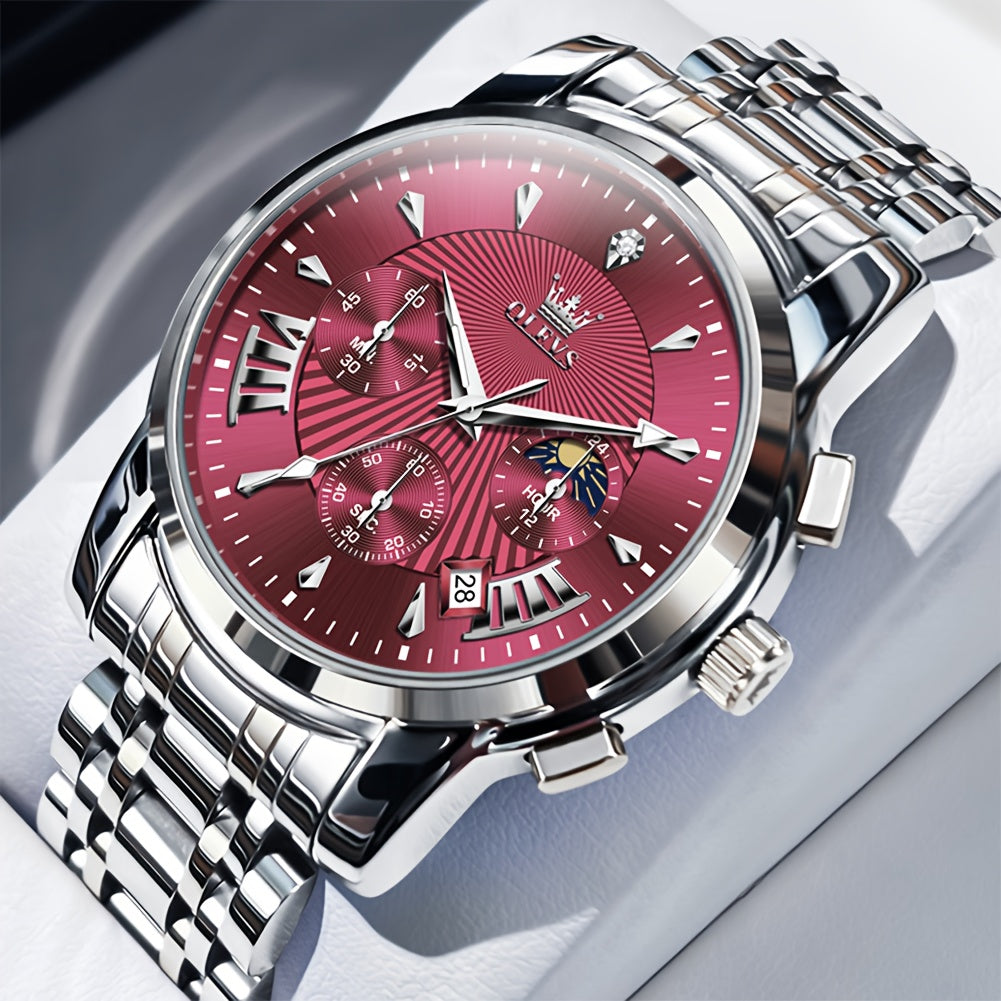 OLEVS Watch for Men Chronograph Stainless Steel Case Analog Quartz Fashion Business Dress Large Face Men Watch Day Date Luminous Casual Male Wrist Watch, Office Accessory, Casual Attire, Classic Design, Elegant Timepiece, Hig