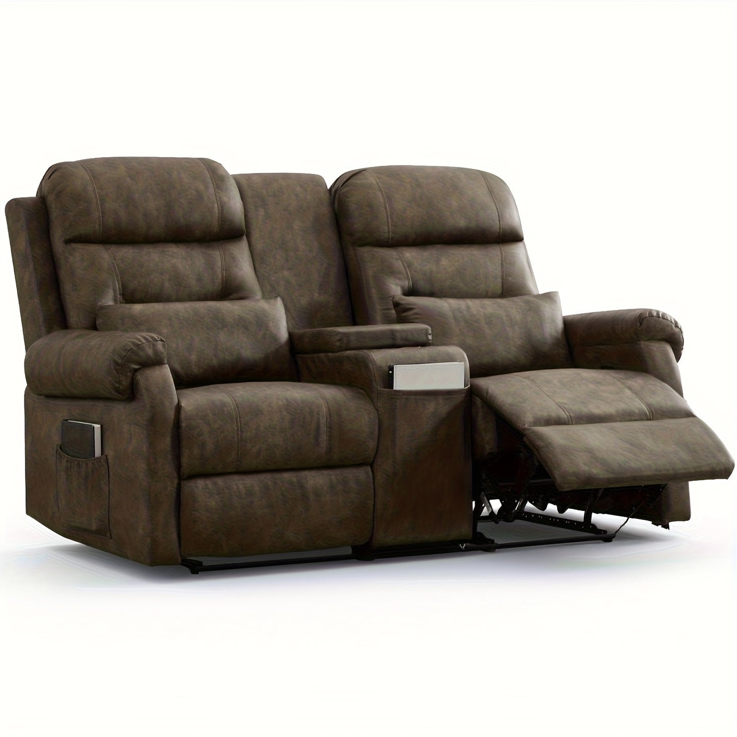 Manual RV Loveseat Recliner | Brown Velvet Cushion-back Sofa with Console, Cup Holders, Pockets for Living Room and Home Theater Seating, Metal Frame, Contemporary Style by VUYUYU