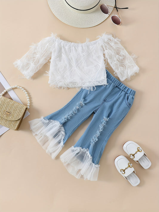 White Lace Off-The-Shoulder Top with Faux Denim Bell Bottom Faux Denim, Tulle Trim Halloween Christmas Outfit, for Outdoor