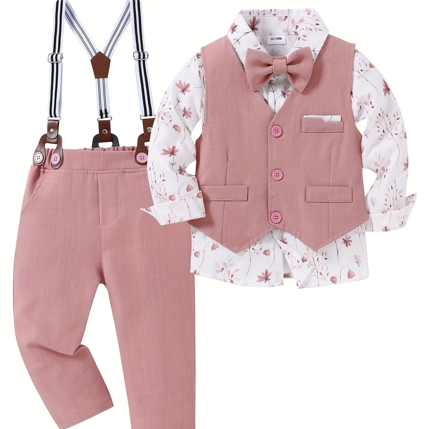 4pcs Boy Clothes Suit Gentleman Wedding Outfits Formal Dress Shirt/Bowtie/Vest/Suspender Pants 1-5T, Special Occasion Outfit, Toddler Wedding Attire, Elegant Toddler Outfit, Classic Baby Suit, Comfortable Toddler Clothes, Dur