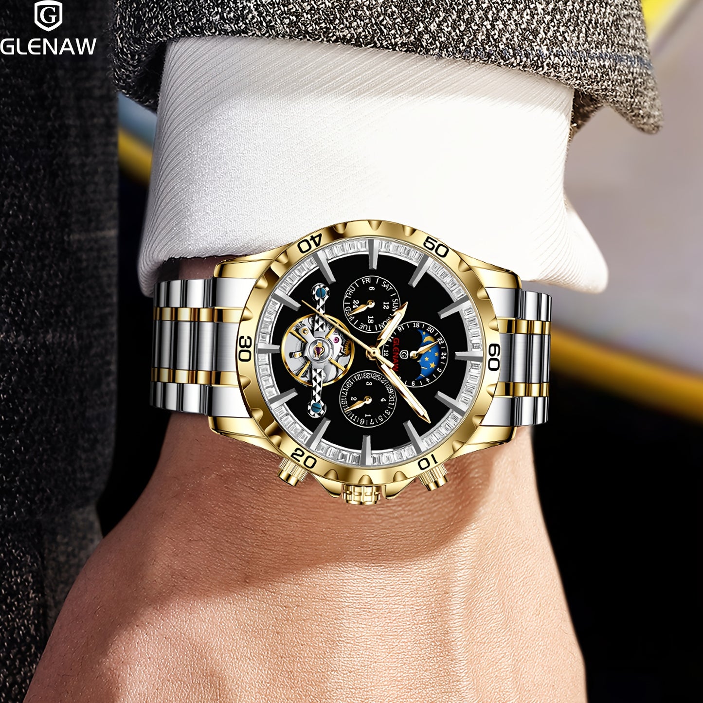 Automatic Men's Watch With Stainless Steel Strap, Multifunctional Men's Watch With Hollow Automatic Winding Mechanical Watch, Displaying Date, Day Of The Week, Month, And Stars.